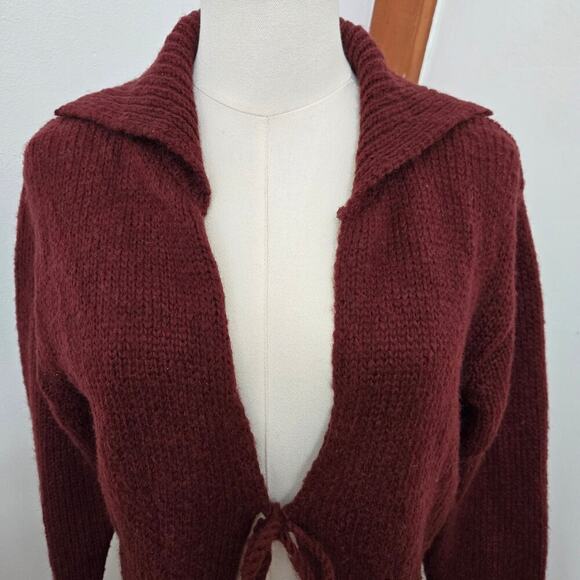 Rave Womens Vintage Y2K Knit Tie-Front Cardigan M Wool-Blend Long Sweater Maroon - Picture 2 of 10